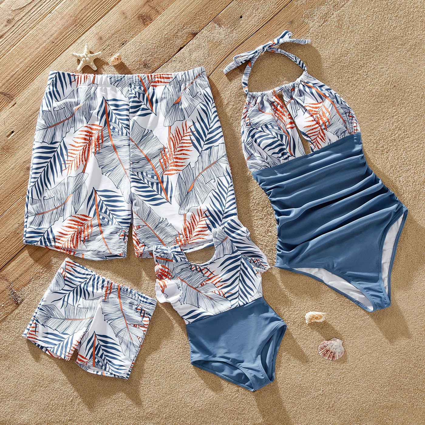 

PatPat Family Matching Outfits Solid & Leaf-print Halter Neck One-piece Swimsuit or Swim Trunks Shorts