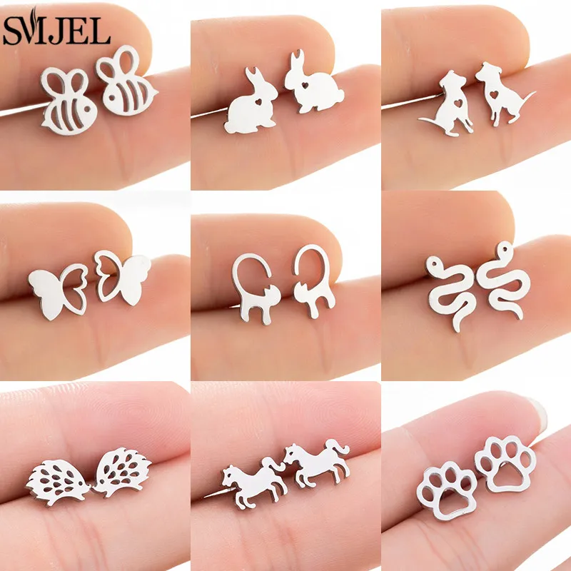 

Small Stainless Steel Stud Earrings for Women Children Lovely Hedgehog Butterfly Elephant Horse Rabbit Earings Jewelry Bee Studs