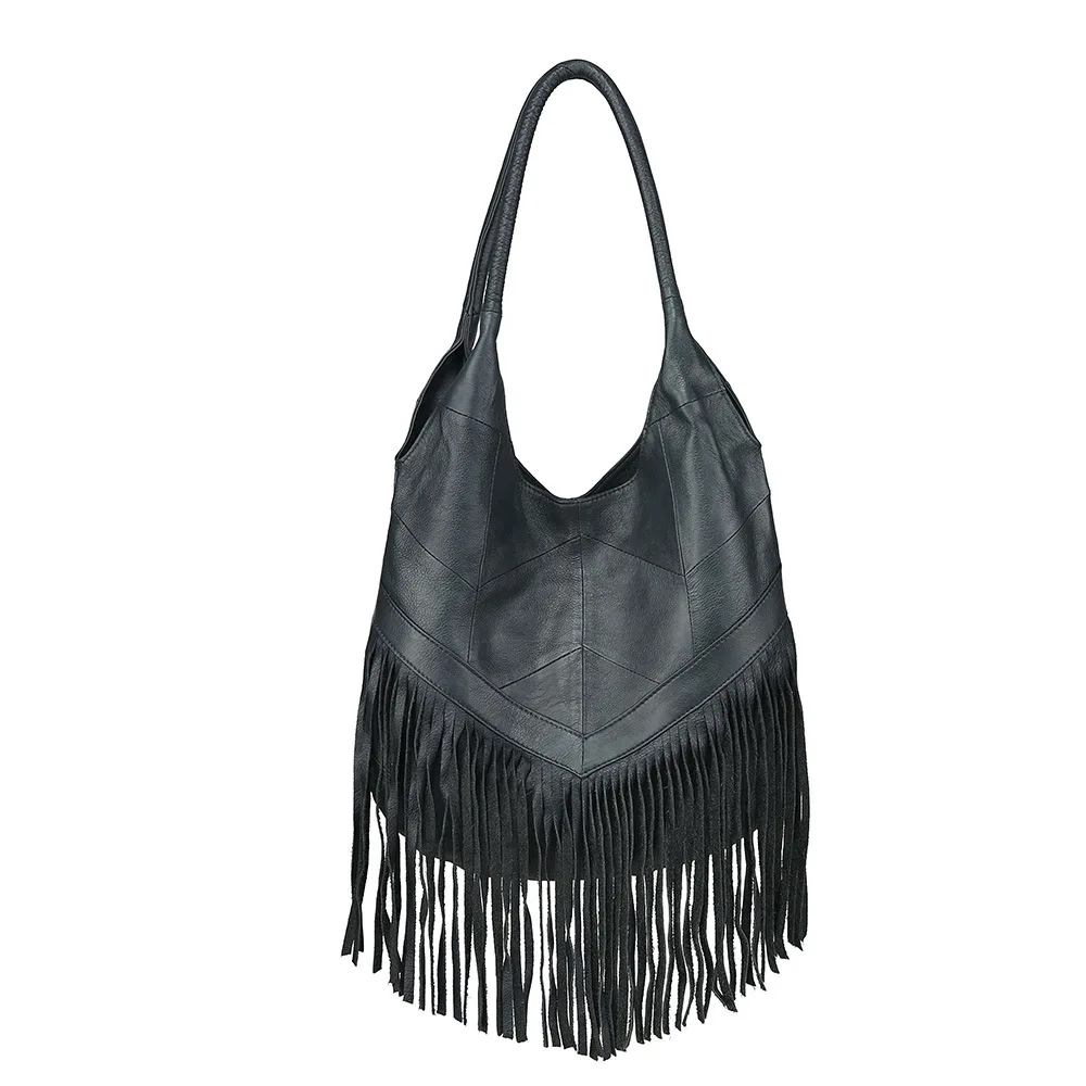 New Genuine Leather Bag Women's Casual Tassel Handbag Top Layer Cowhide Large Capacity