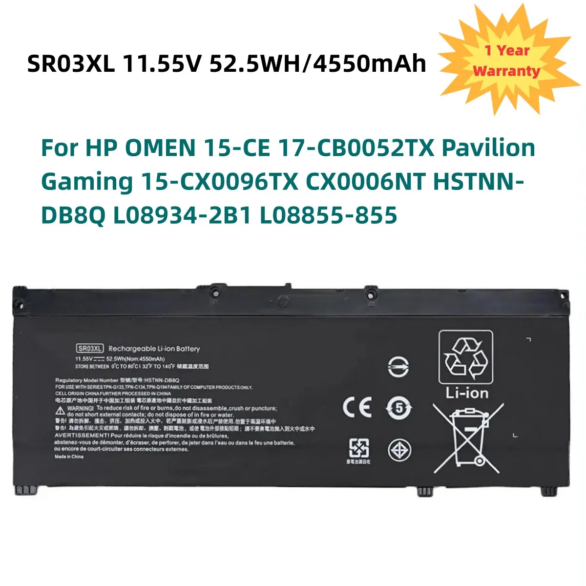 

SR03XL Battery For HP OMEN 15-CE 17-CB0052TX Pavilion Gaming 15-CX0096TX CX0006NT HSTNN-DB8Q L08934-2B1 L08855-855 11.55V 52.5WH