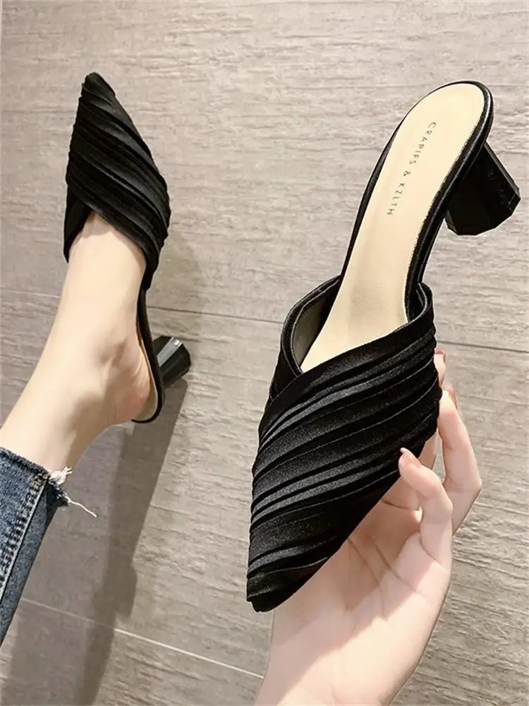 

Square heel High-Heeled Shoes Lady Womens Slippers Outdoor Med Female Mule Slides Cover Toe Pantofle Block Mules 2022 Pointed Sp