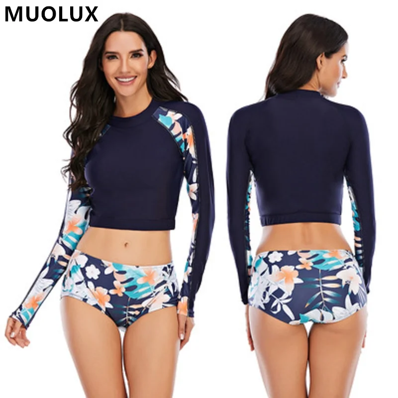 

2022 One Piece Surfing Monokini Swimwear Women Print Long Sleeve Swimsuit Bodysuit Sport Surf Suit Zip Up Plus Size Swimsuit XXL
