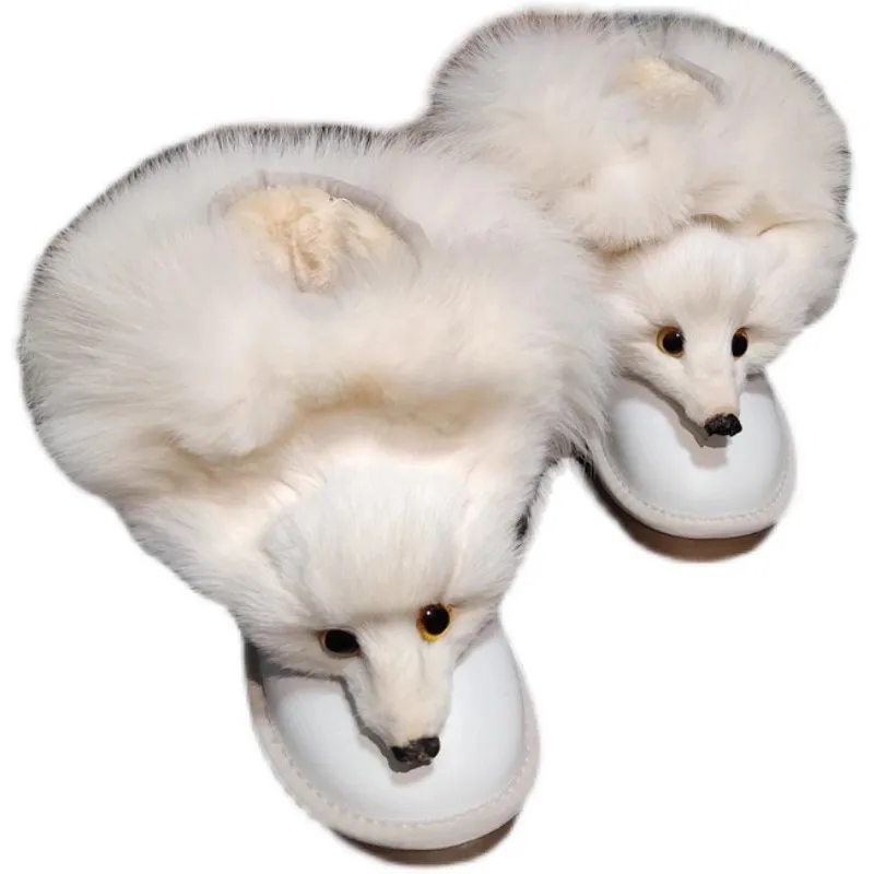 Белые ботинки ручной работы из коровьей кожи с украшением в виде лисьей головы