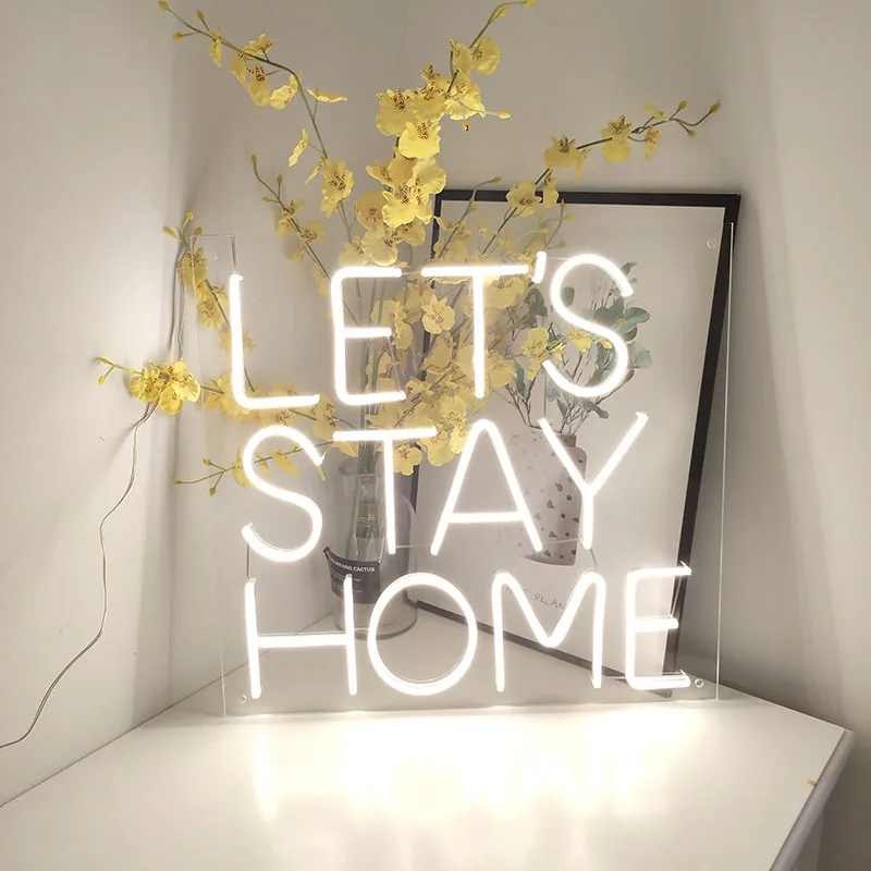 Lets Stay Home Neon Sign Light for Bedroom Hanging Decor Ornament Living Room Led Pink Night Light Neon Sign Custom 38*36cm
