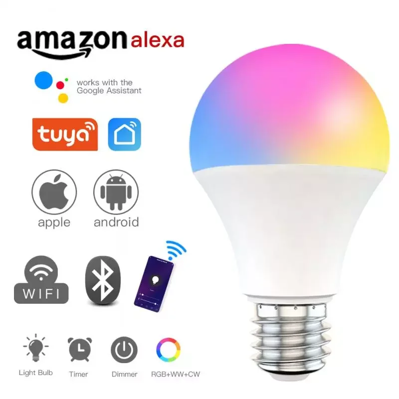 

Умная Светодиодная лампа с Wi-Fi, RGB, E27B22, изменяющая цвет, лампа с голосовым управлением, Alexa, Alice, Google Home, ассистент, дистанционное управление че...