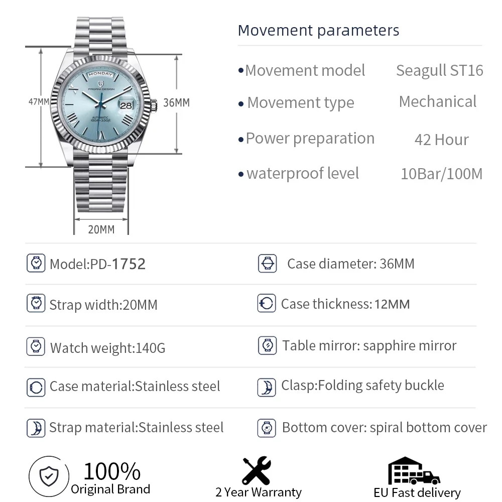 PAGANI DESIGN New ST16 Movt Automatic Men's Watches Week Calendar Mechanical Wristwatch 36mm AR Sapphire Luxury Dive Watch Men images - 6