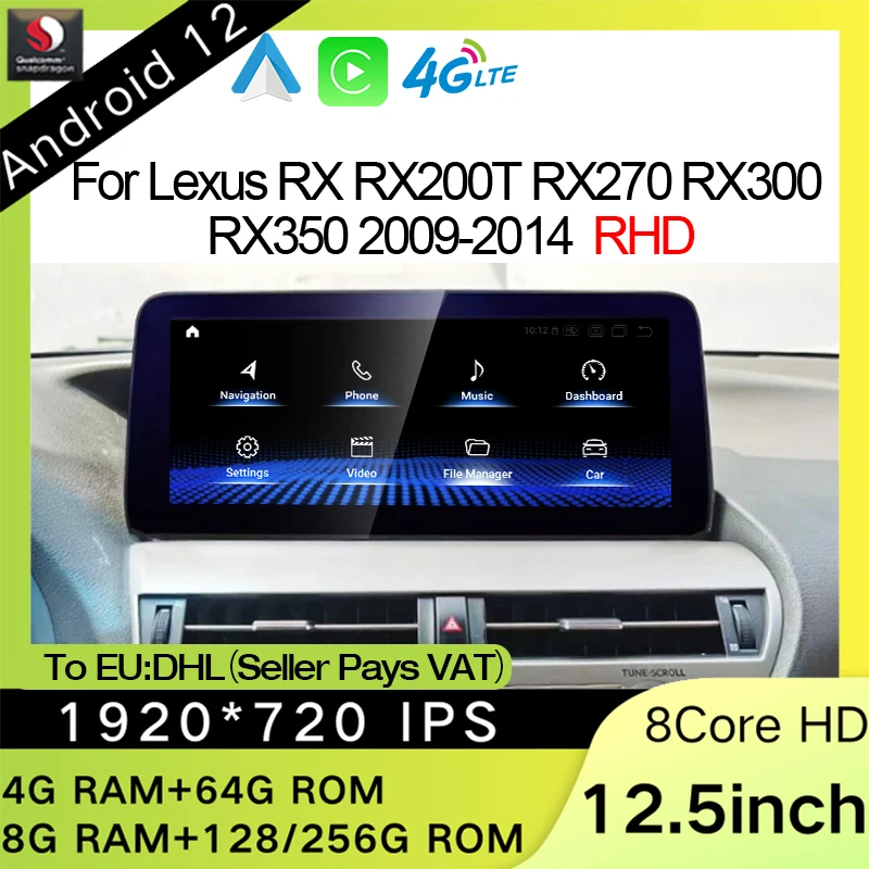 

New Android 12 Qualcomm Snapdragon For Lexus RX RX200T RX270 09-14 RHD Radio Multimedia Video Player CarPlay GPS Navigation