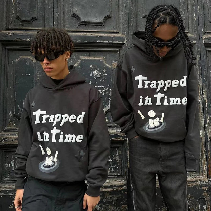 

Trapped in Time Foam Broken Fleece Sweatshirts Unisex Hip Hop Stranger Things Oversized Pullover Hoodies Loose Men Hooded Hoody