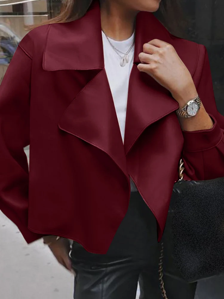 

Celmia Streetwear Fashion Short Jackets Chic Faux Leather Lapel Collar 2022 Autumn Outerwear Women Long Sleeve PU Leather Coats