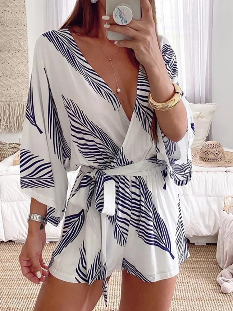 

Summer Casual V-neck Three-quarter Sleeve Jumpsuit Women Fashion Print Lace-up Short Jumpsuit Loose Elastic Waist Lady Overalls