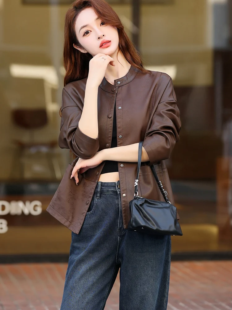Кожаное пальто верхняя одежда женская осень и зима 2023 новинка китайского цвета