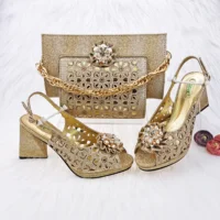 2022 Newest Gold Color Cutout High Heels Decorated with Rhinestone Flower Design Party Women's Shoes and Bags Set