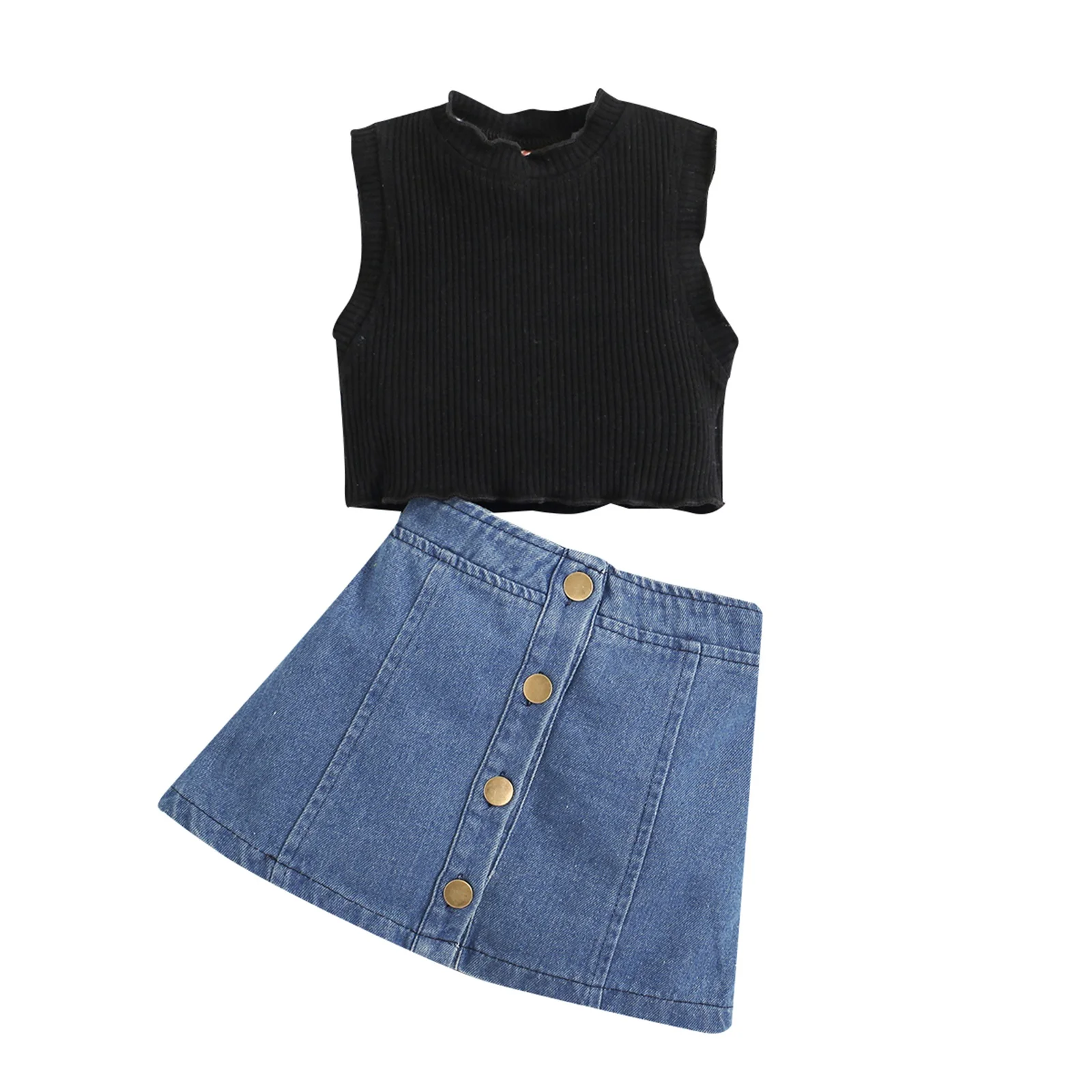 

Lovely Baby Girls Clothing Causal Summer Skirts Suit Black Solid Color Ribbed Tanks Tops and A-line Style Skirts 2-7 Years