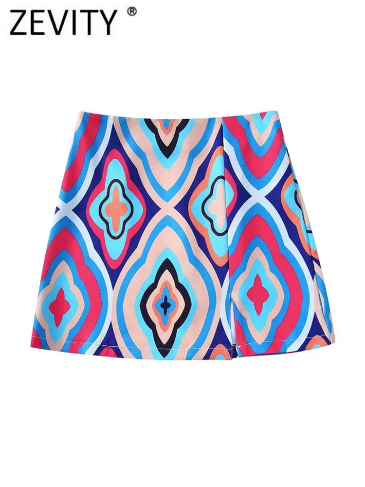 

Zevity Women Vintage Contrast Color Geometric Print Mini Skirt Faldas Mujer Female Zipper Fly Summer Retro Vestidos QUN1649