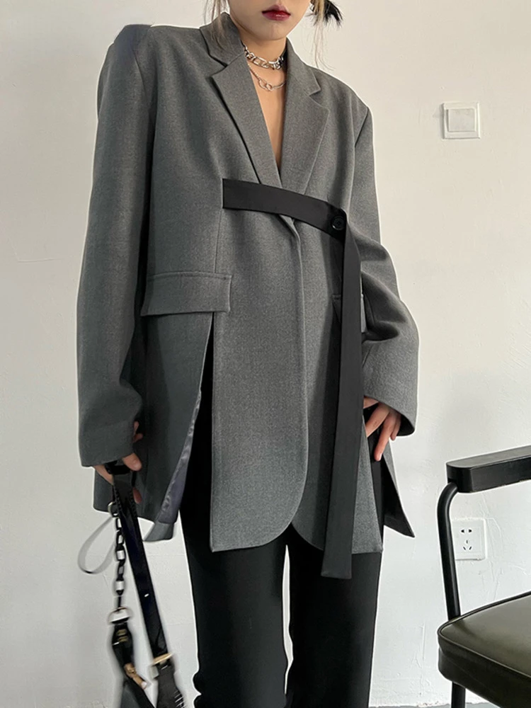 

ZCSMLL Fashion Women Blazer Notched Collar Loose Contrast Color Bandage Slit Hem Long Sleeve Suit Jackets Autumn 2022 New 89
