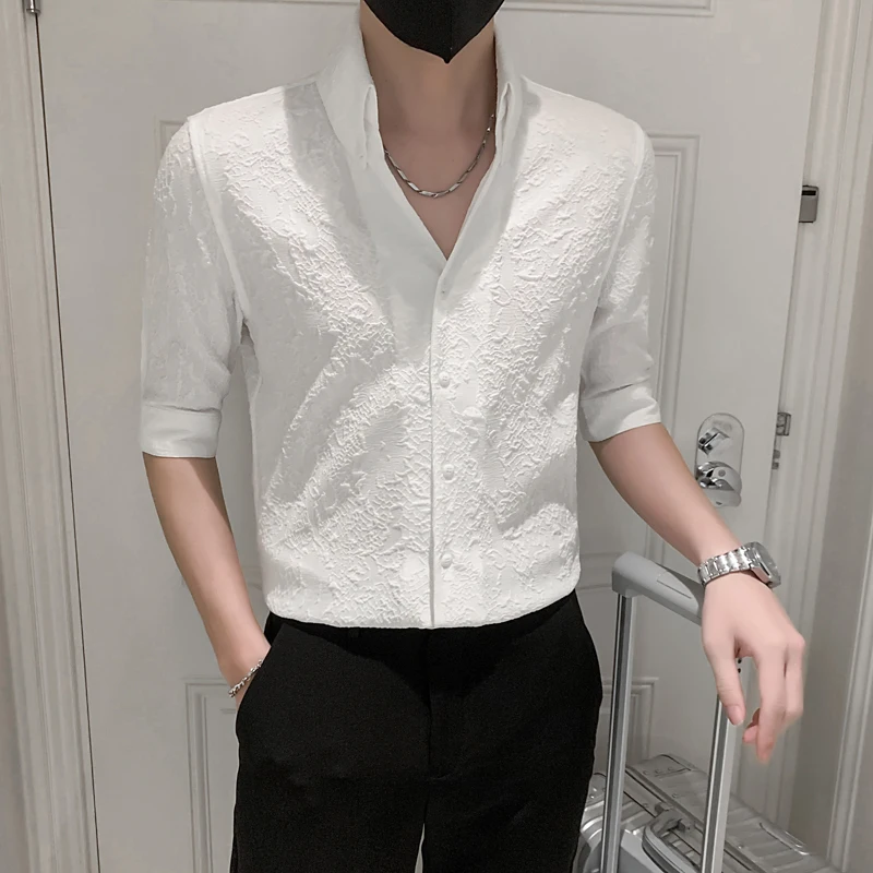 2023 Men's Business V-Neck Casual Long Sleeve Shirts/Male Slim Fit High-End Dress Streetwear Social Blouse Shirts Black White