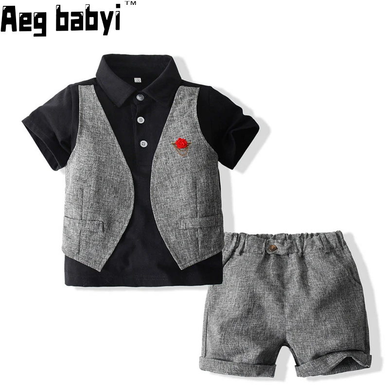 

Джентльменская одежда для маленьких мальчиков, деловые костюмы, детская одежда для мальчиков, рубашка с коротким рукавом и шорты с бантом, комплект из 2 предметов