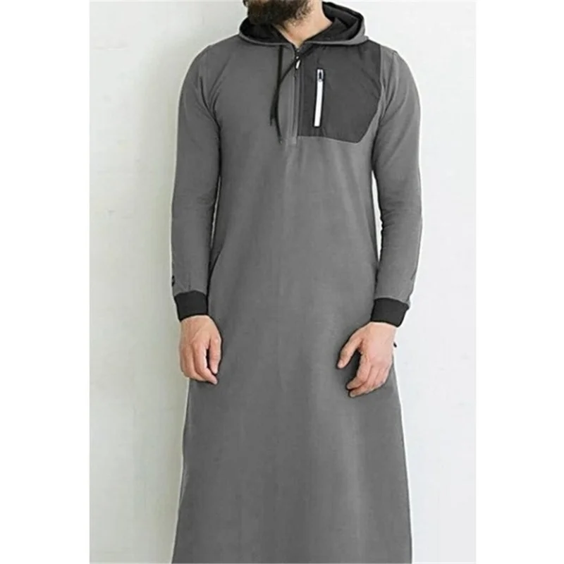 

Arabic Fashion Men Long Sleeve Shirt Muslin Style Zipper Patchwork Solid Color Loose Pullover Hooded Collar Spring Men Top 2022