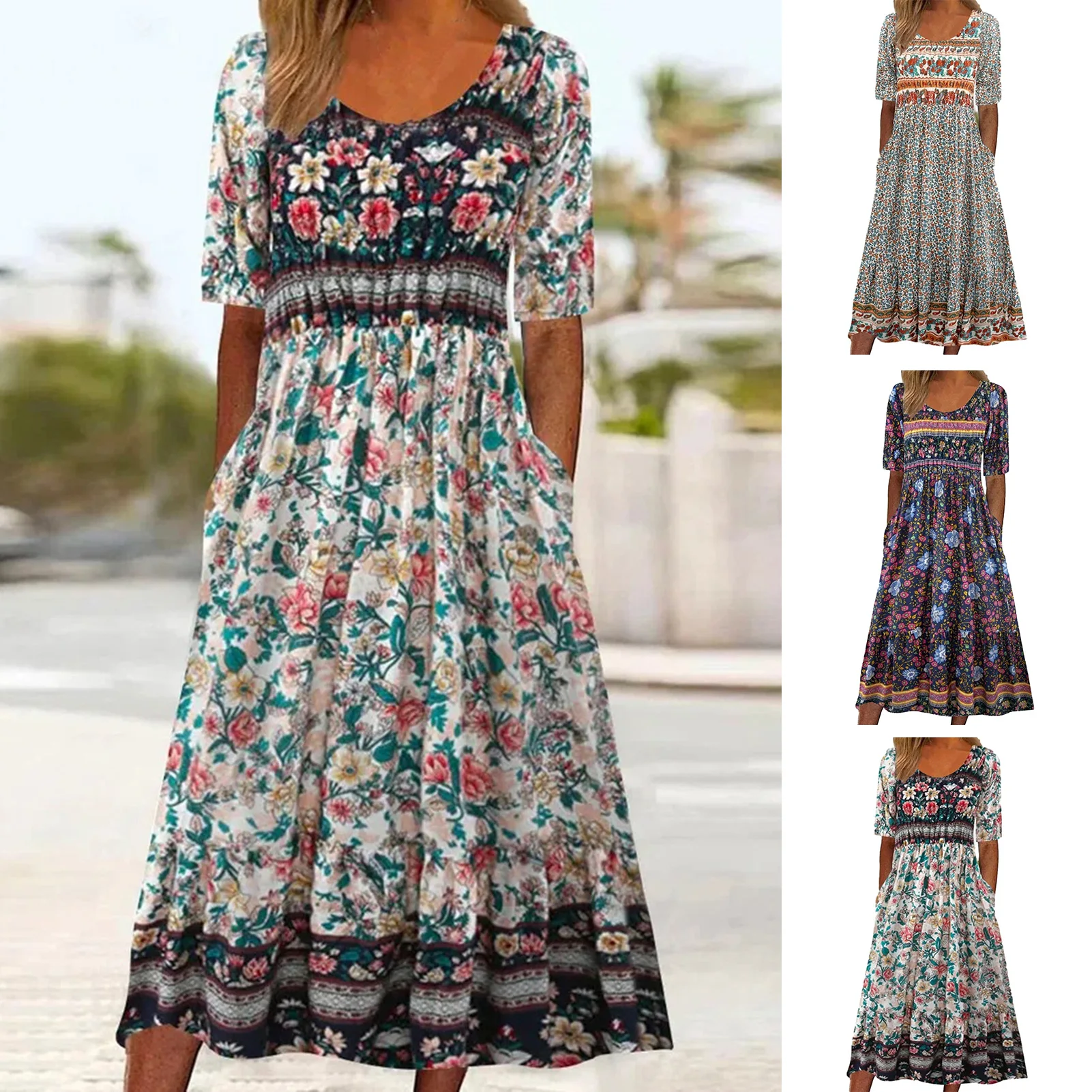 

2023 Women's Retro Stripe Printing Women's Vest Summer Fashion V-Neck Short Sleeve Dress Elegant Ladies Mid Length Dress