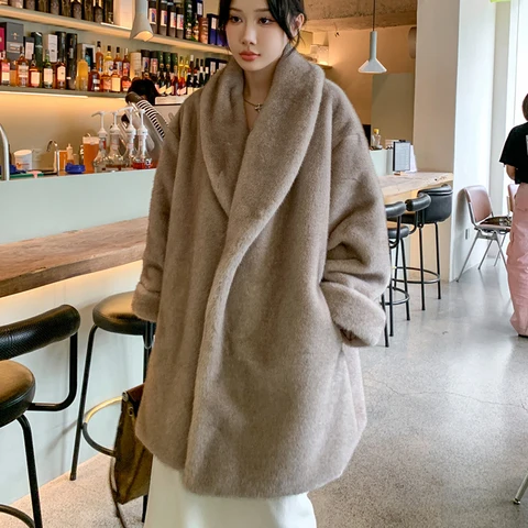 Женское теплое меховое пальто с толстым отложным воротником, свободное пальто миди длиной кофейного цвета, топы для женщин Casaco Feminino