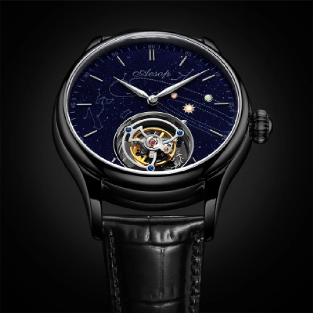 

AESOP Tourbillon Mechanical Men's Watch Business Preferred Hollow Movement Starry Dial Leather Strap Atmosphere Unlimited Charm