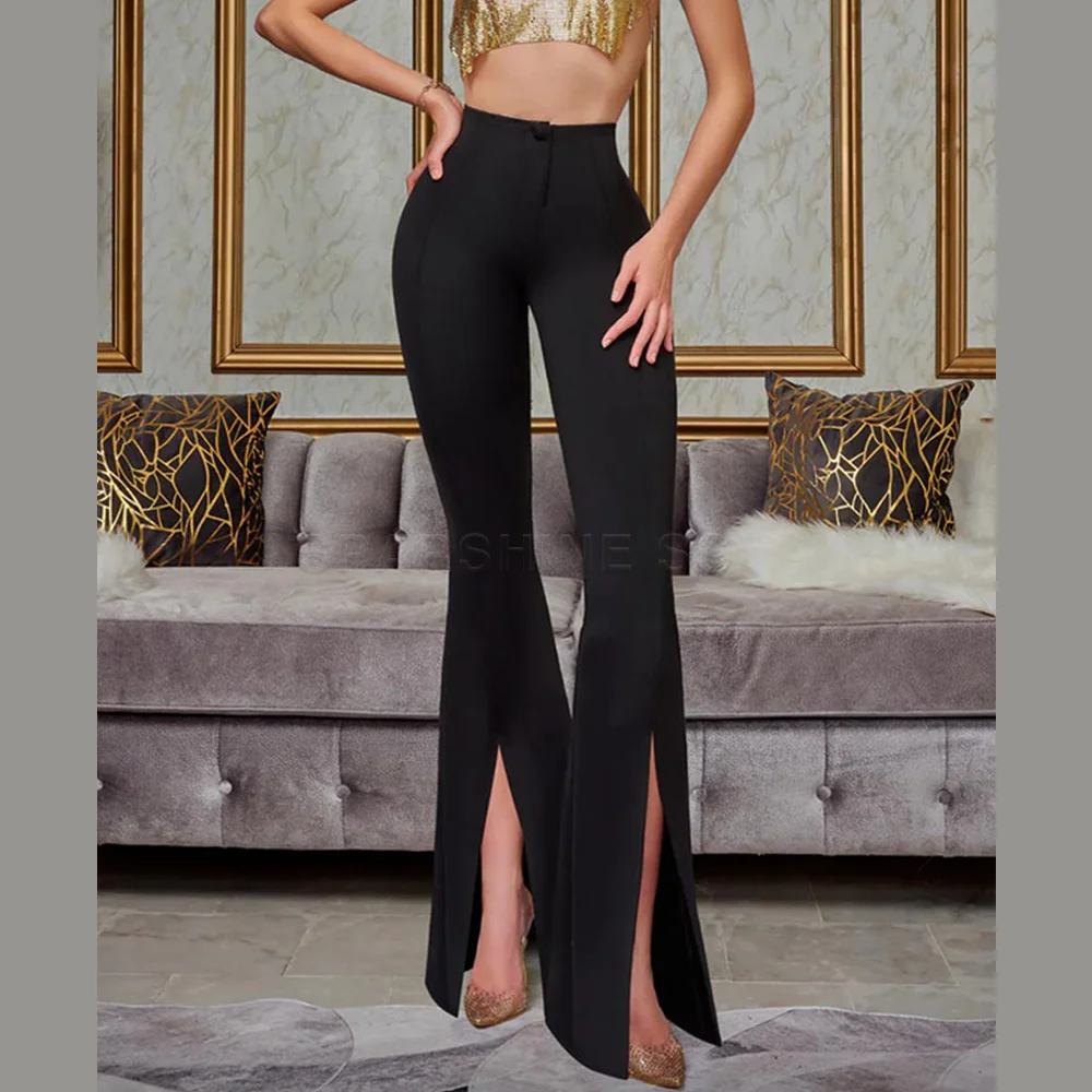 Женские леггинсы с высокой талией колготки разрезом спереди брюки эффектом