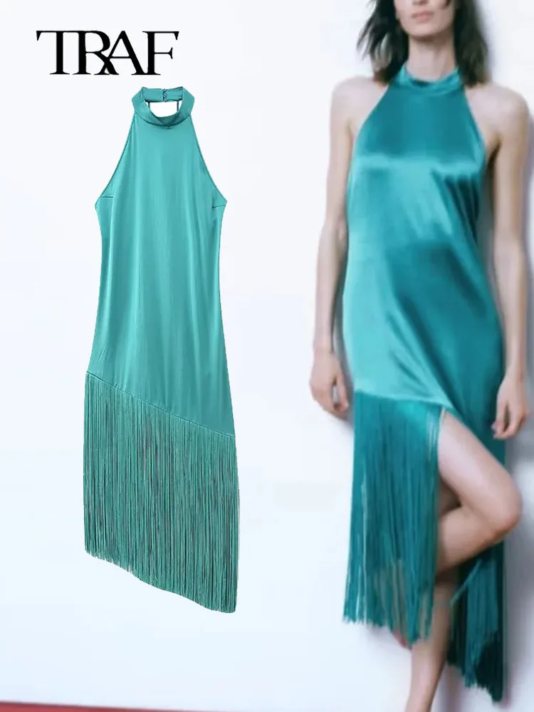 

TRAF Woman Satin Asymmetric Long Dresses For Women Tassel Off Shoulder Dress 2023 New Woman Backless Midi Dresses