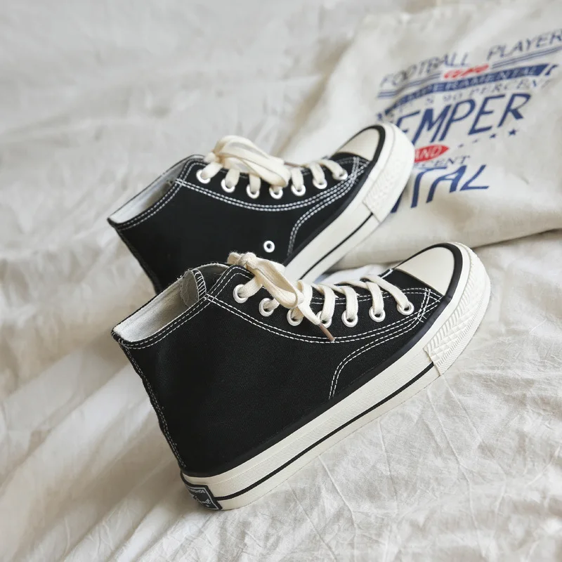 Retro Vulcanized Canvas Shoes Women 1970s Reprint Student Women Shoes Black Canvas Shoes High Top Casual Board Fashion Sneakers
