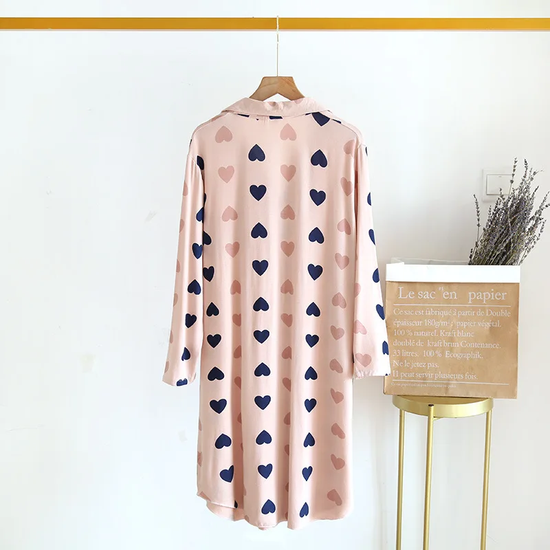 Modal Soft Nightshirt Button Down Sleepshirt Long Sleeves Boyfriend Nightgown Women Mid-Calf Length Print Sleepwear Pajama Dress