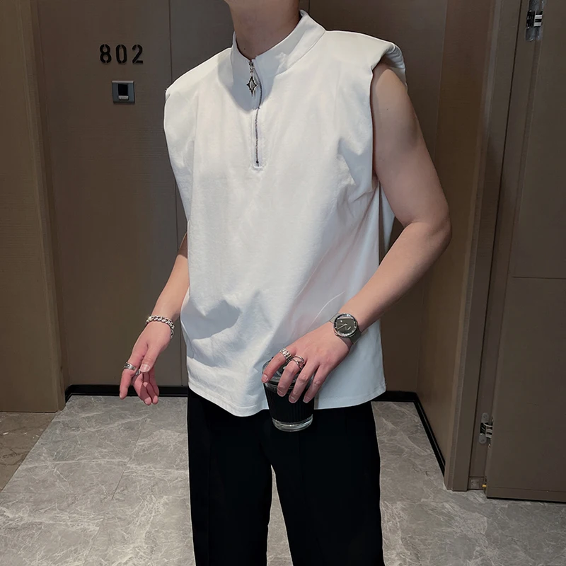 

Men Summer Stand Zipper Collar Padded Shoulder Sleeveless T-shirt Vest Male Niche Design Streetwear Fashion Loose Casual T Shirt