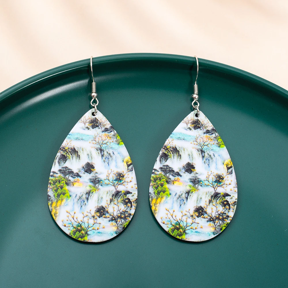 Новая мода водопад пейзаж Relievo печать акриловые висячие серьги модные для женщин