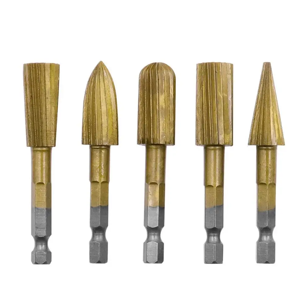 

5pcs HSS Rotary Files For Woodworking Electric Grinding Head 6.3mm Hexagon Shank 5 - Shaped File