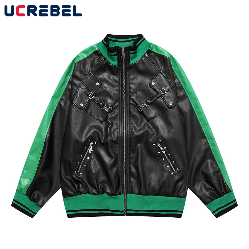 Color Block Motorcycle Jacket Mens Autumn Winter Streetwear Loose Stand Collar Multi-Pocket Casual Pu Leather Jacket Outerwear