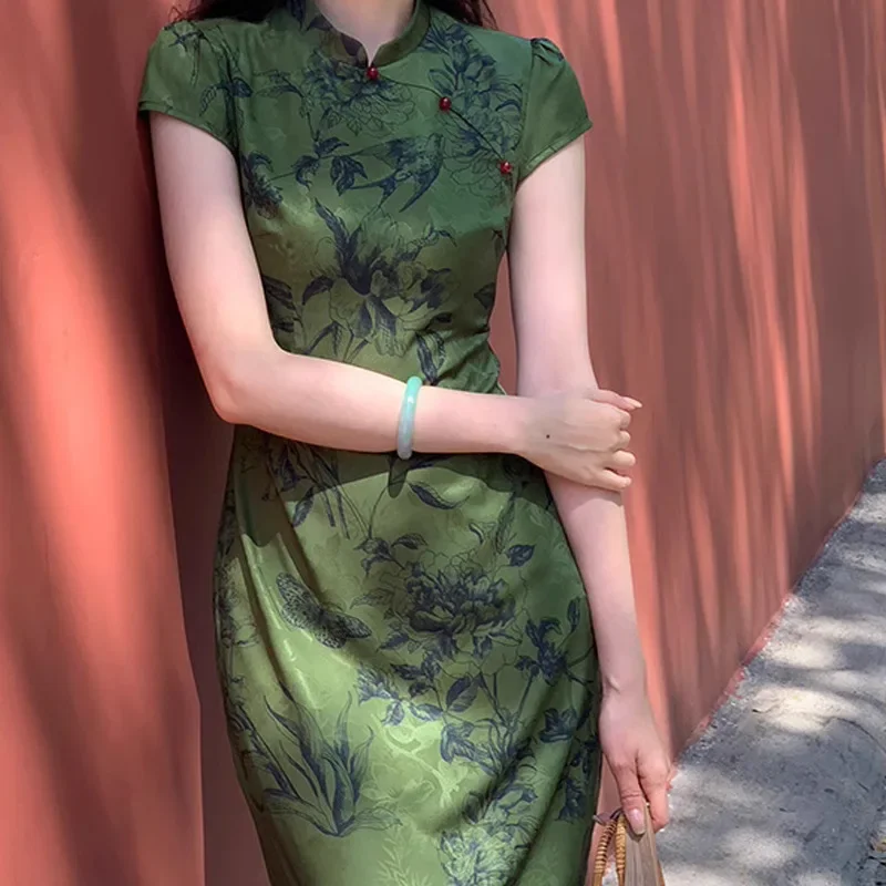 Элегантное винтажное китайское платье Meipin с коротким рукавом жаккардовое