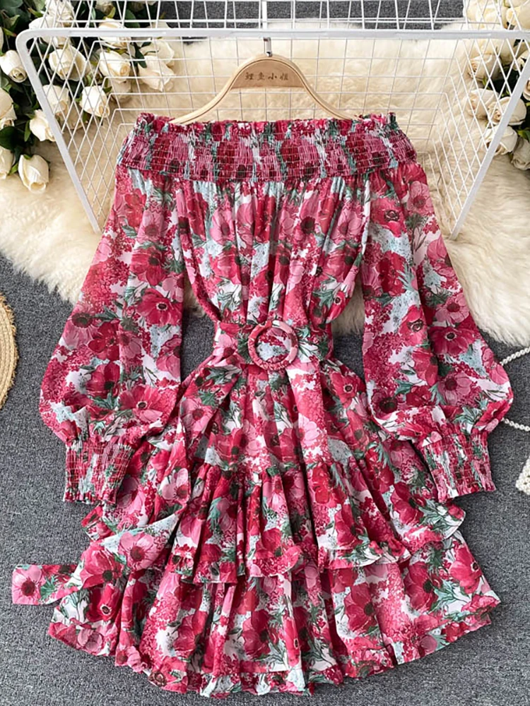 

Sexy Slash Neck Floral Mini Dress Women Autumn Lantern Sleeve High Waist Ruffle Vestidos With Sashes Female Vacation Beach Robe