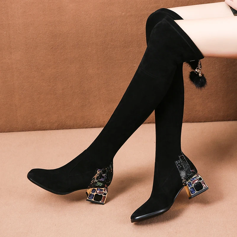 Botas altas con diamantes de imitación para Mujer, botines hasta la rodilla de Gladiador, de tacón grueso negro, zapatos rusos sexys, Invierno