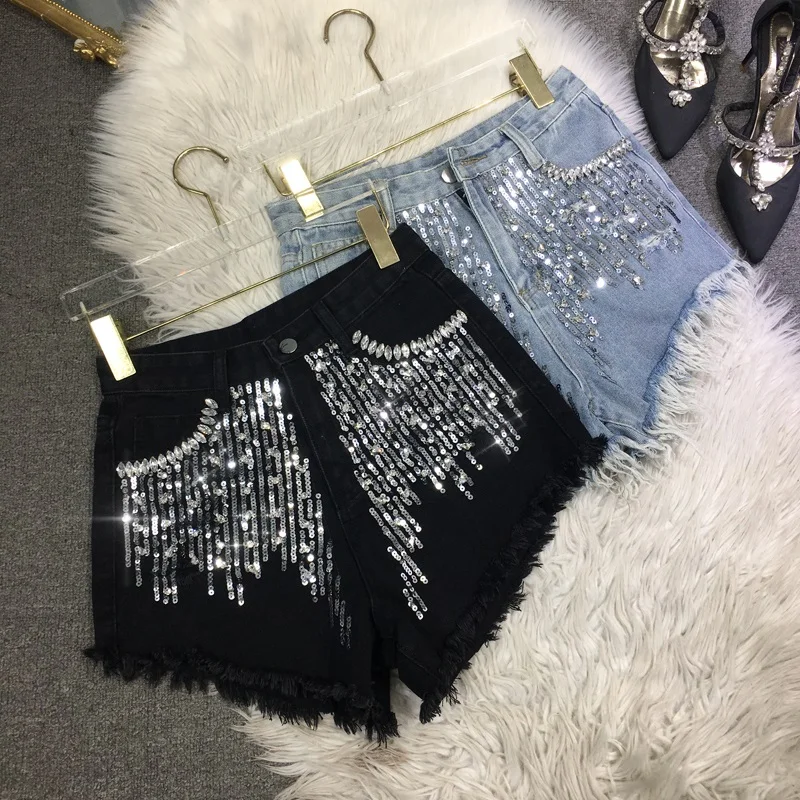 Heavy Embroidery Sequins Shorts Women's 2023 Summer New Handmade Beaded Tassel Frayed Washed Jeans Hot Girl Tight Pants Female