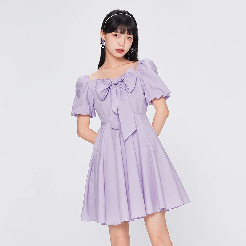 

Semir Dress Female Bow Purple Korean Version 2022 Summer New Puff Sleeve Dress Small Sexy And Gentle