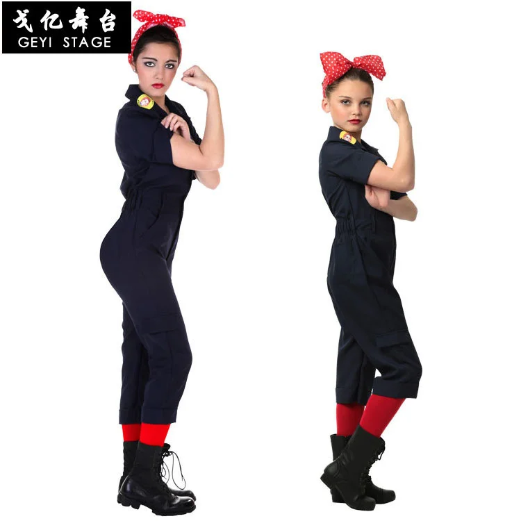 

Cos lady cleaner costume luxury stage performance costume blue jumpsuit maid female worker female man costume
