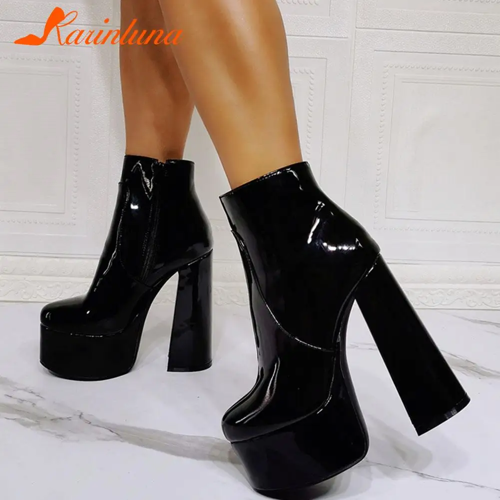 

Karinluna New 2022 Black Patent Chunky High Heels Platform Zip Ankle Women Boots Spring Autumn Sexy Female Shoes Big Size 36-43