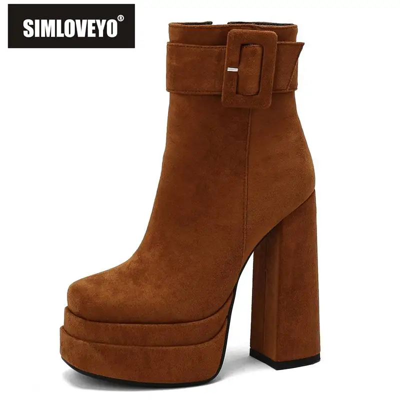 

SIMLOVEYO Ladies Short Boots Square Toe Chunky High Heels 14cm Flock Suede Double Platform 4cm Zipper Belt Buckle Plus Size 43