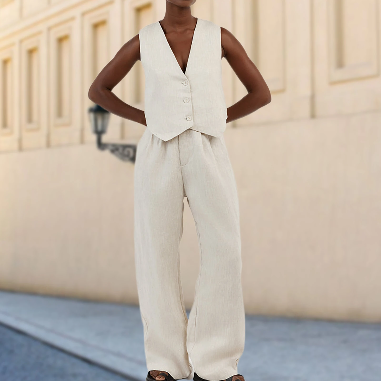 

Однотонный костюм, жилет и длинные брюки, женские комплекты унисекс без рукавов, топ с V-образным вырезом и брюки с высокой талией, летний костюм, повседневный жилет, наряд
