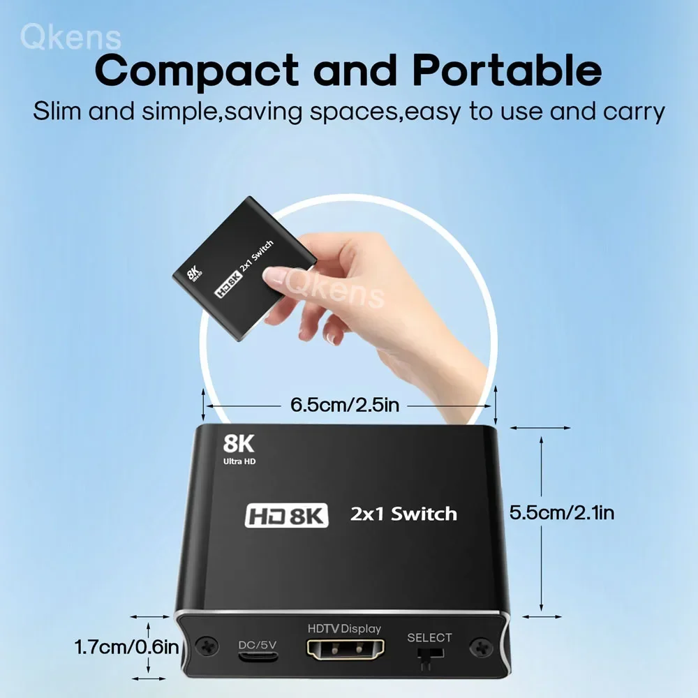HD 8K 2X1 переключатель 2 входа 1 выход HDMI видеоконвертер 4K@120Hz 8K@60Hz для PS4, PS5, DVD, камеры, ноутбука, ПК для подключения к телевизору или монитору. (art.: 3920dcf9182d3) - 3920dcf9182d3