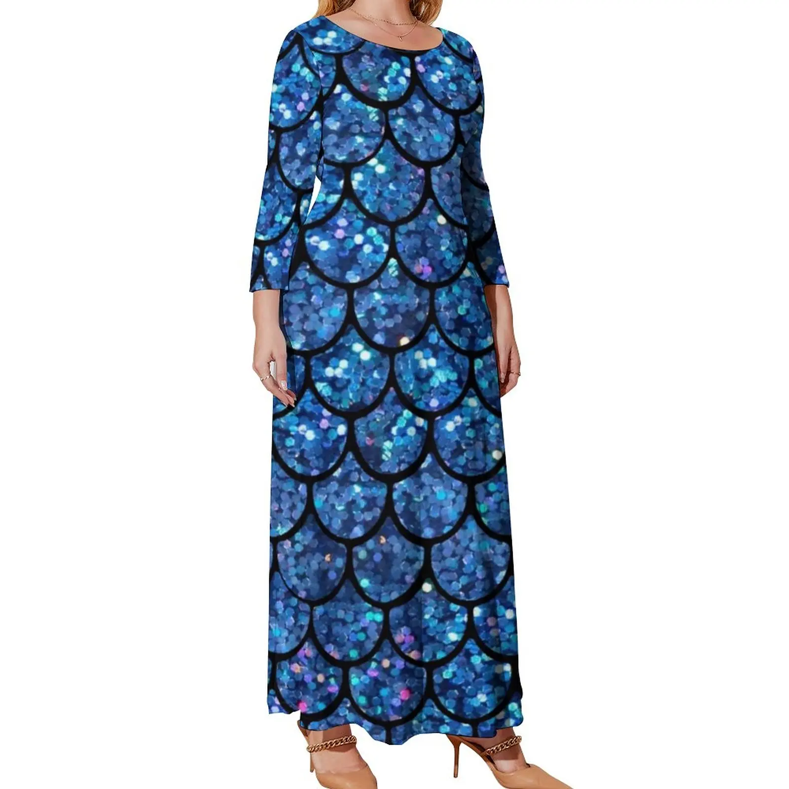 Sparkly Mermaid Scales Dress Blue Glitter Animal Skin Aesthetic Bohemia Dresses Elegant Maxi Dress Autumn Plus Size Clothing