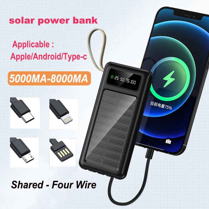 

Upgrade Solar Power Bank Built Cables 8000mAh Solar Charger 3 USB Ports External Portable Charger Powerbank for Xiaomi Iphone