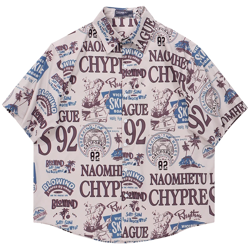 

Summer Men Short Sleeve Hawaiian Shirt Hip Hop Letter Print Vintage Beach Blouse Streetwear Harajuku Fashion Casual Aloha Shirts