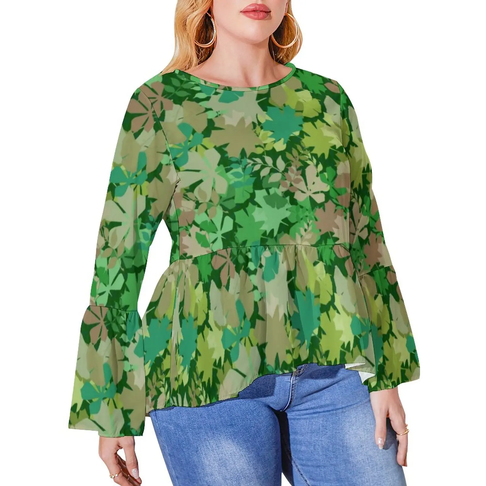 

Green Leaves T Shirt Leafy Forest Print Kawaii Ruffled T-Shirts Women Classic Tee Shirt Plus Size Graphic Tops Birthday Gift