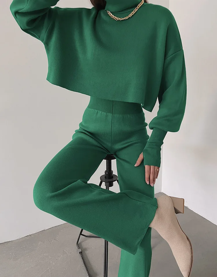 

High Waist Slim Women's Knit Trousers 2 Piece Set Turtleneck Flared Sleeve Cropped Sweater Suits Casual Fingers Attached Wear