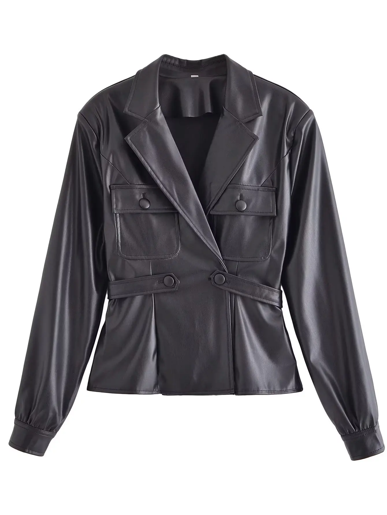 Women Faux PU Leather Jacket Metal Single Button Vintage Long Sleeve Blazers Pockets Female Black Suit Coat 2022 New Women Coat