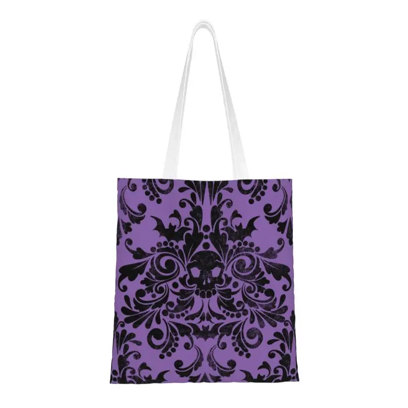 

Skull Damask Pattern Groceries Shopping Tote Bags Women Cute Halloween Witch Goth Occult Canvas Shopper Shoulder Bags Handbags